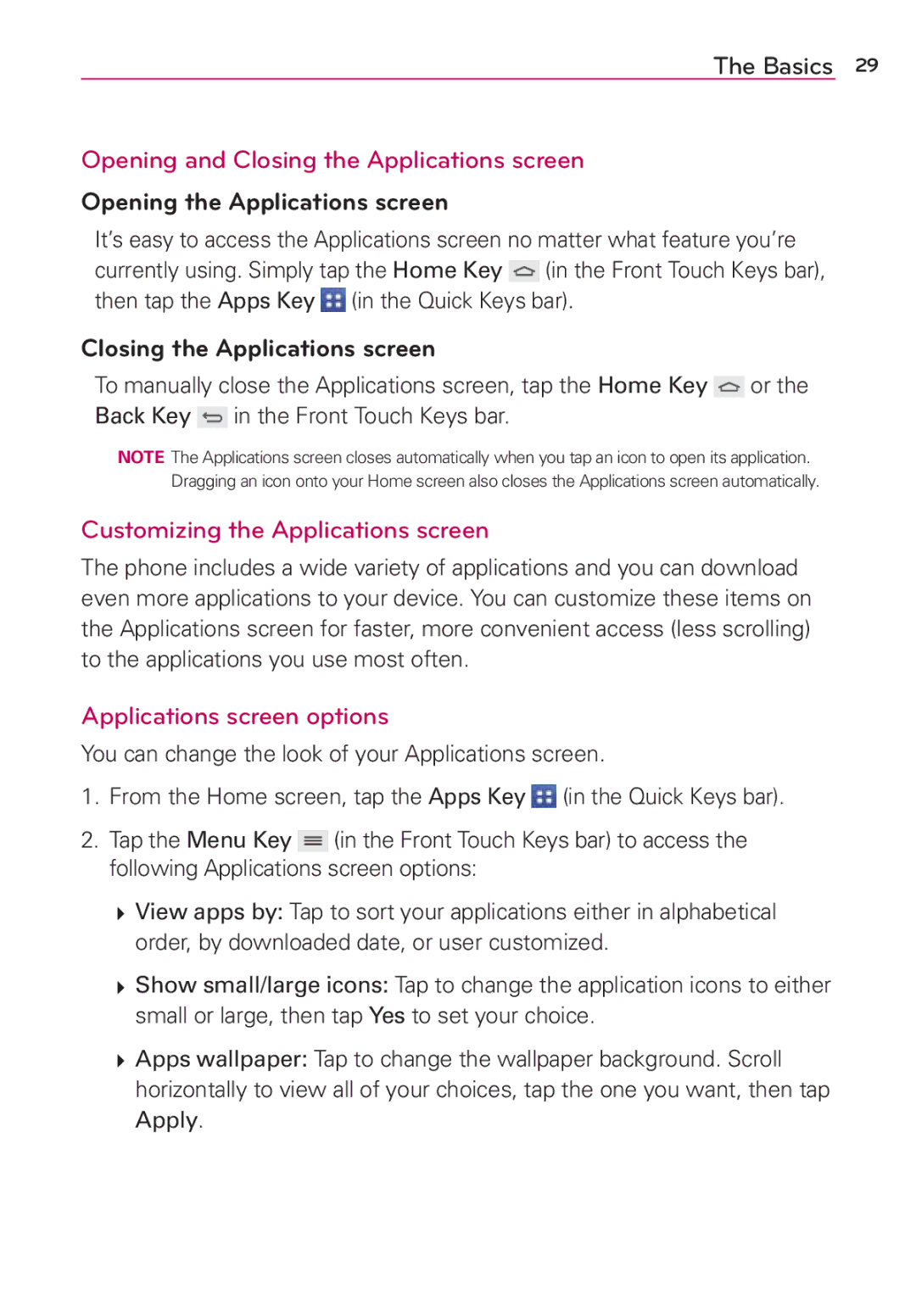 Verizon G2 manual Opening and Closing the Applications screen, Opening the Applications screen, Applications screen options 