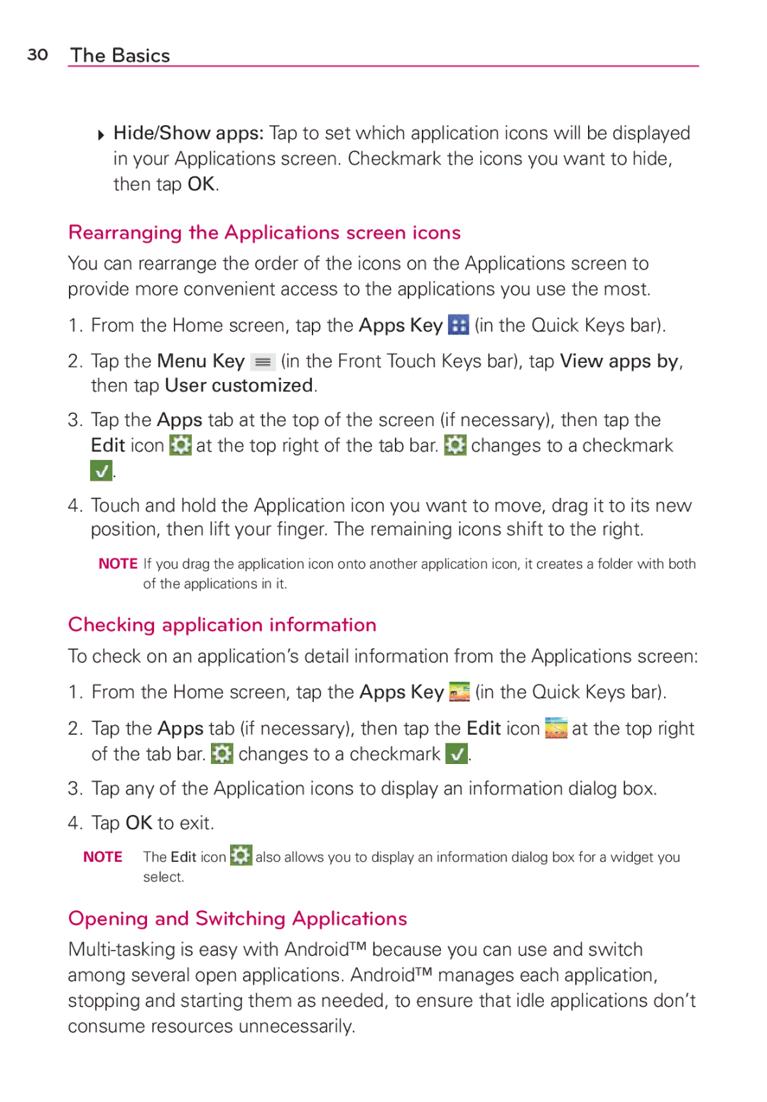 Verizon G2 Rearranging the Applications screen icons, Checking application information, Opening and Switching Applications 