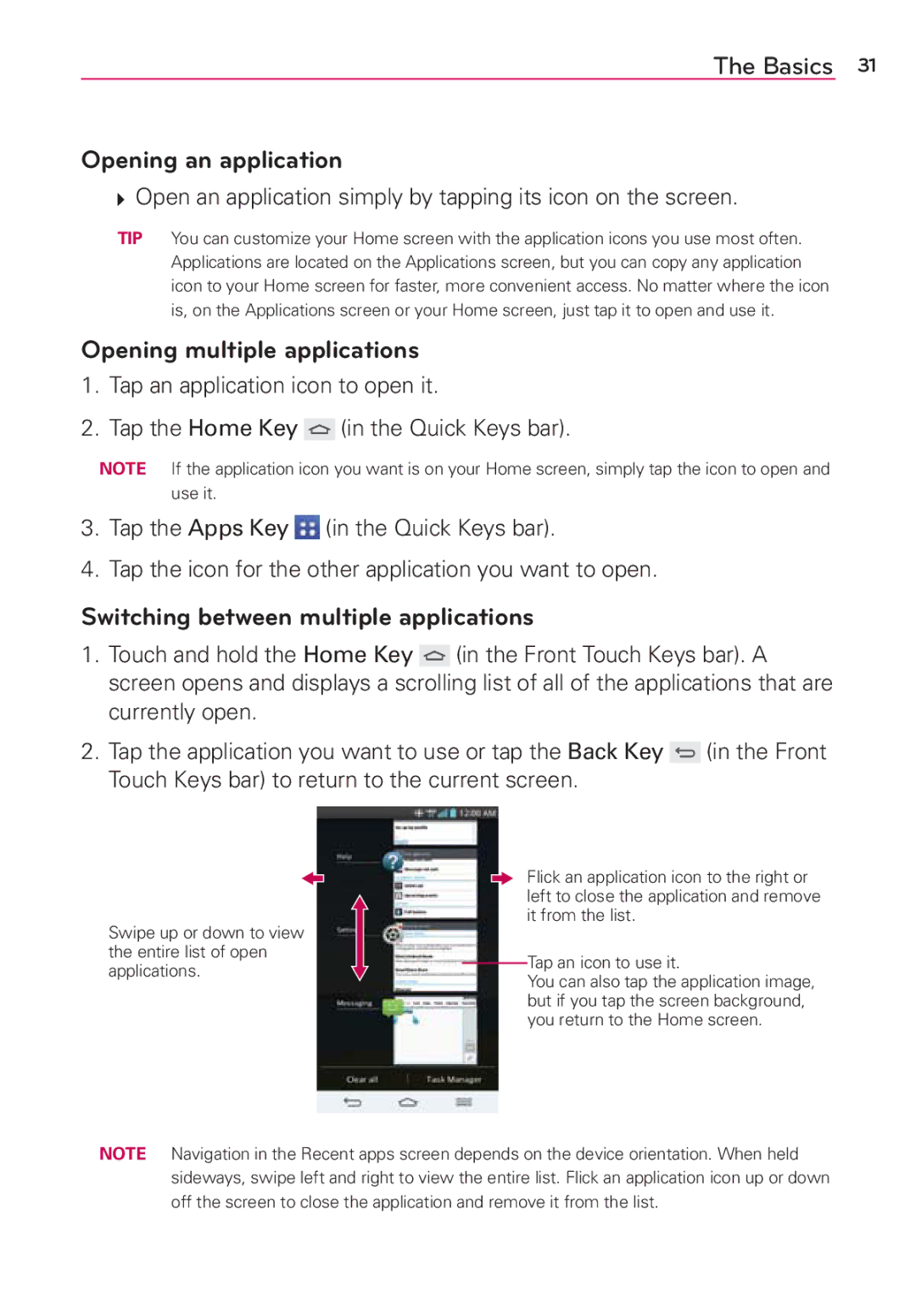 Verizon G2 manual Opening an application, Opening multiple applications, Switching between multiple applications 