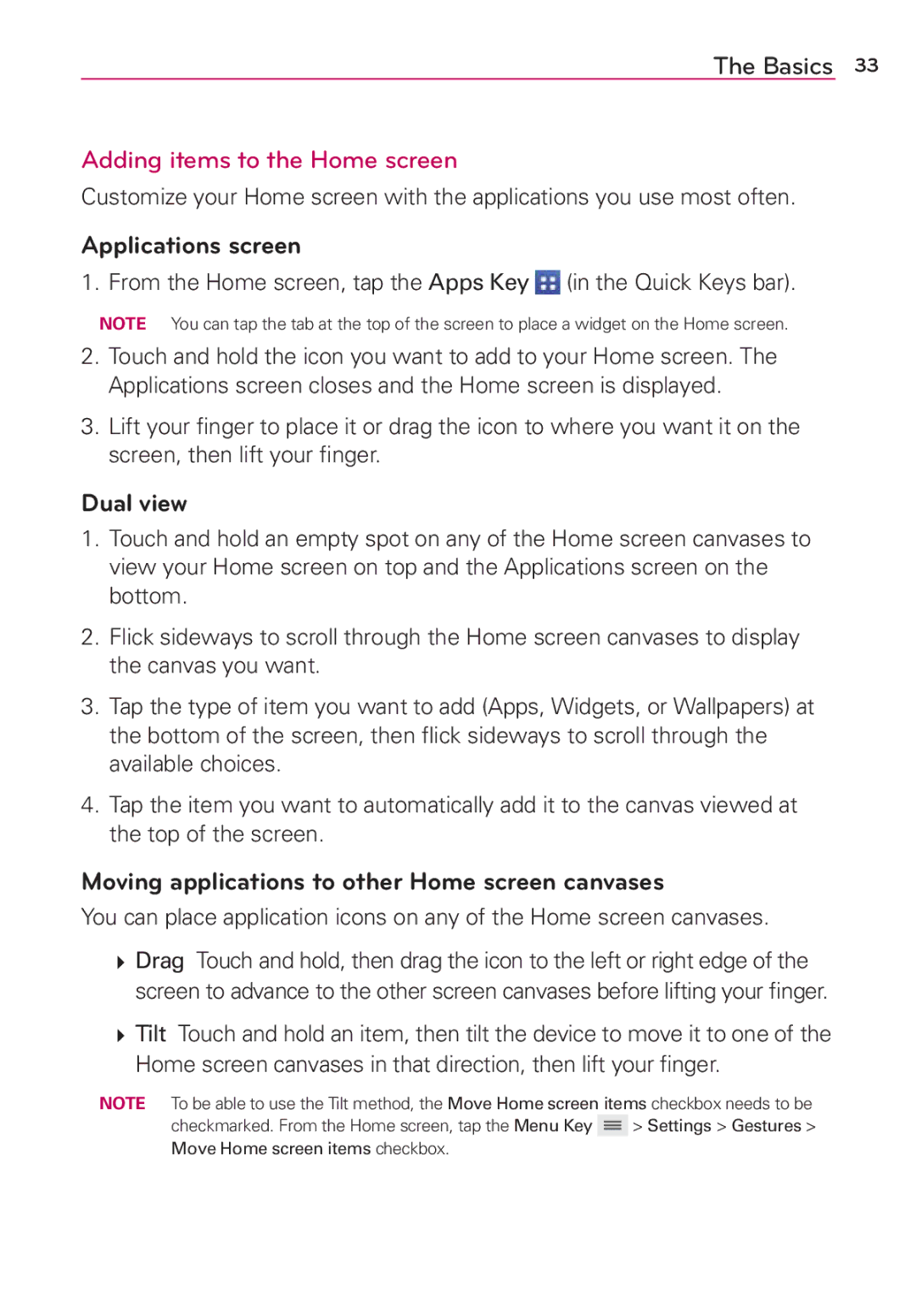 Verizon G2 manual Adding items to the Home screen, Applications screen, Dual view 