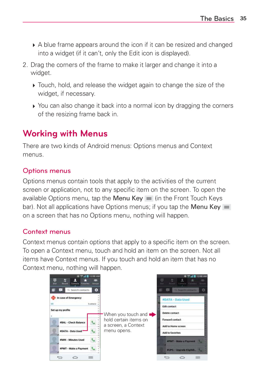 Verizon G2 manual Working with Menus, Options menus, Context menus 