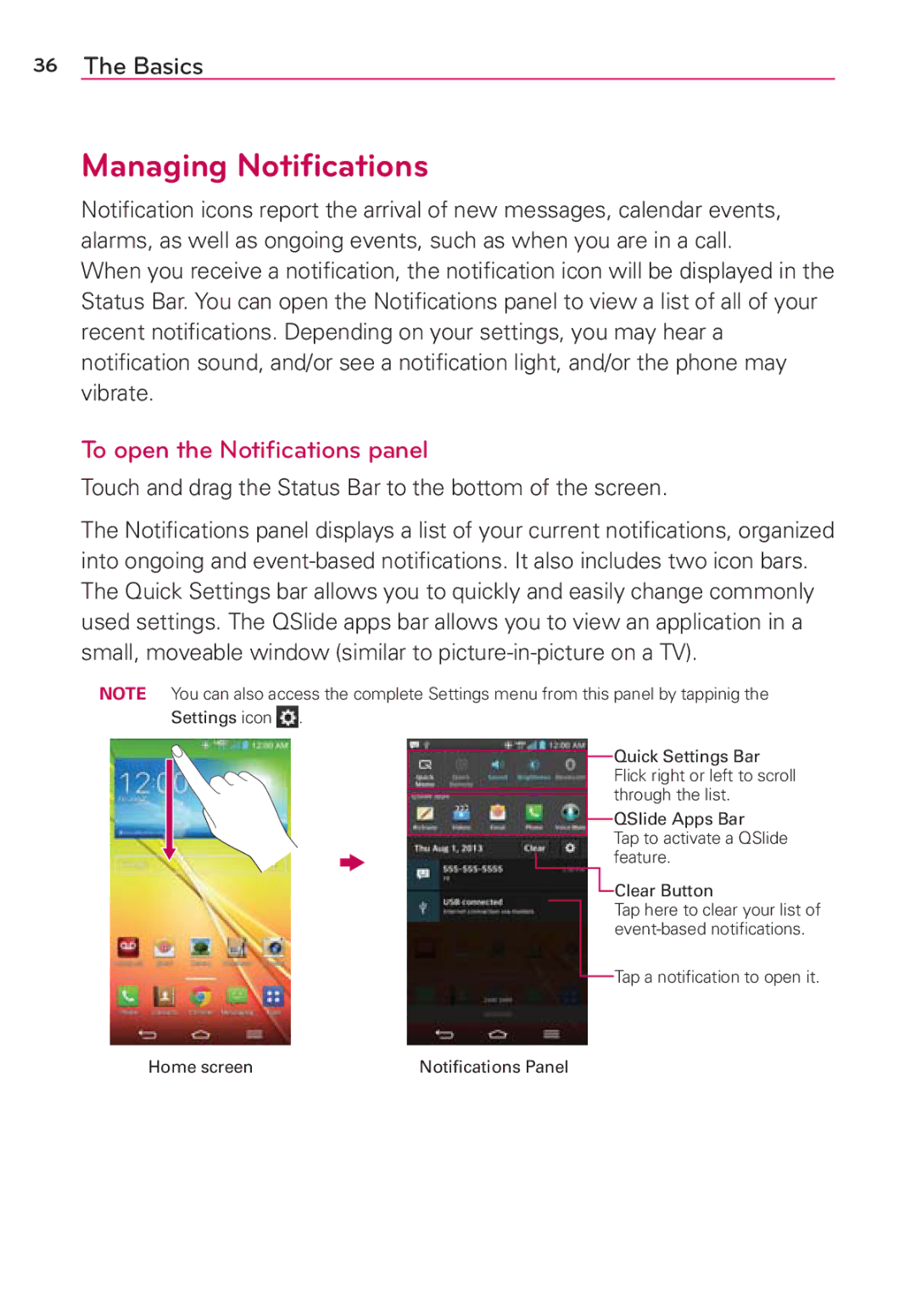 Verizon G2 manual Managing Notiﬁcations, To open the Notiﬁcations panel 