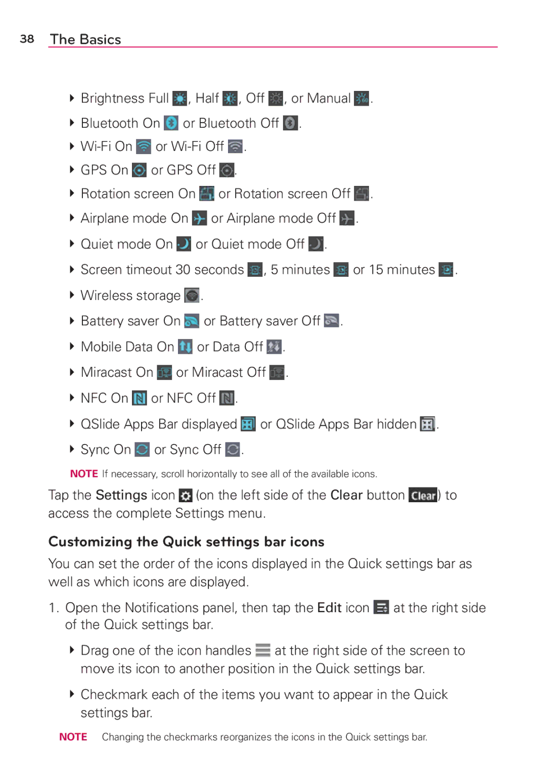 Verizon G2 manual Customizing the Quick settings bar icons 