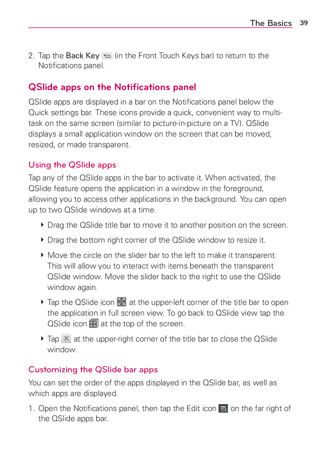 Verizon G2 manual QSlide apps on the Notiﬁcations panel, Using the QSlide apps, Customizing the QSlide bar apps 