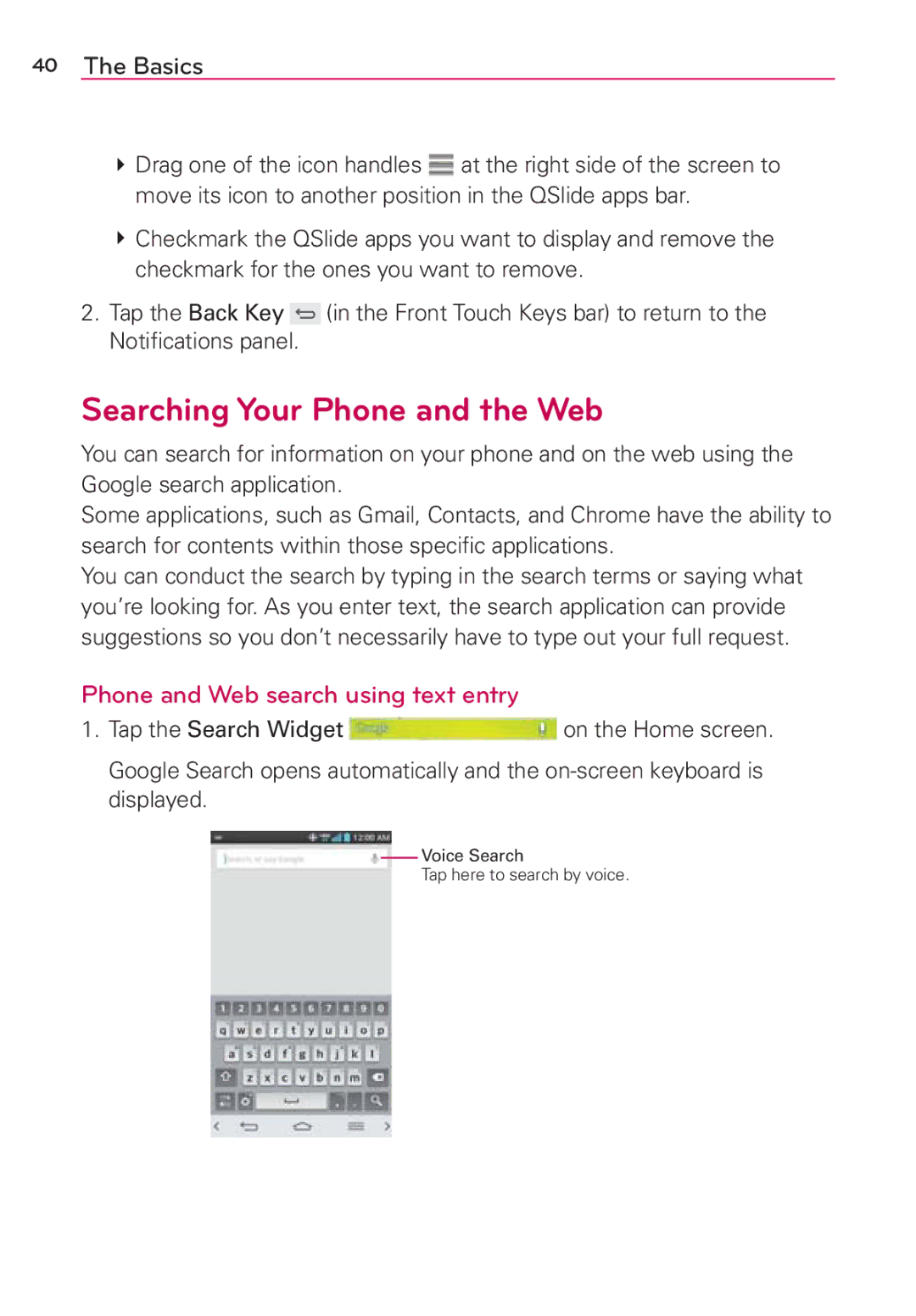 Verizon G2 manual Searching Your Phone and the Web, Phone and Web search using text entry 