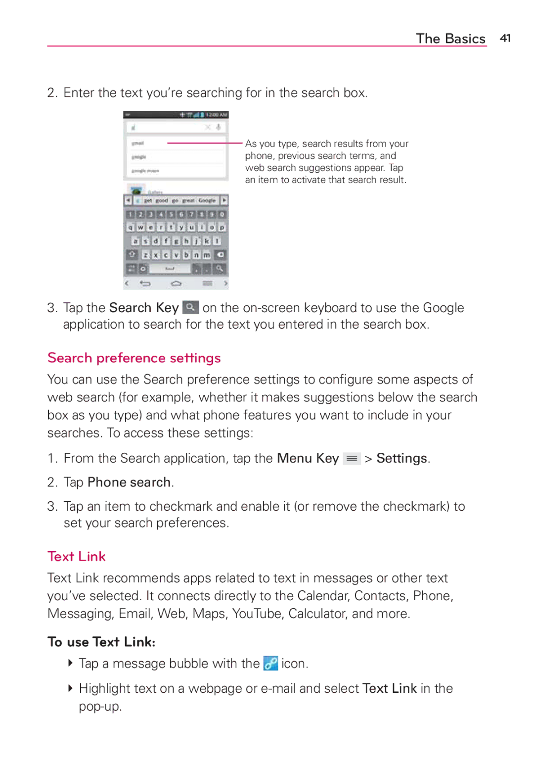 Verizon G2 manual Search preference settings, To use Text Link, Enter the text you’re searching for in the search box 