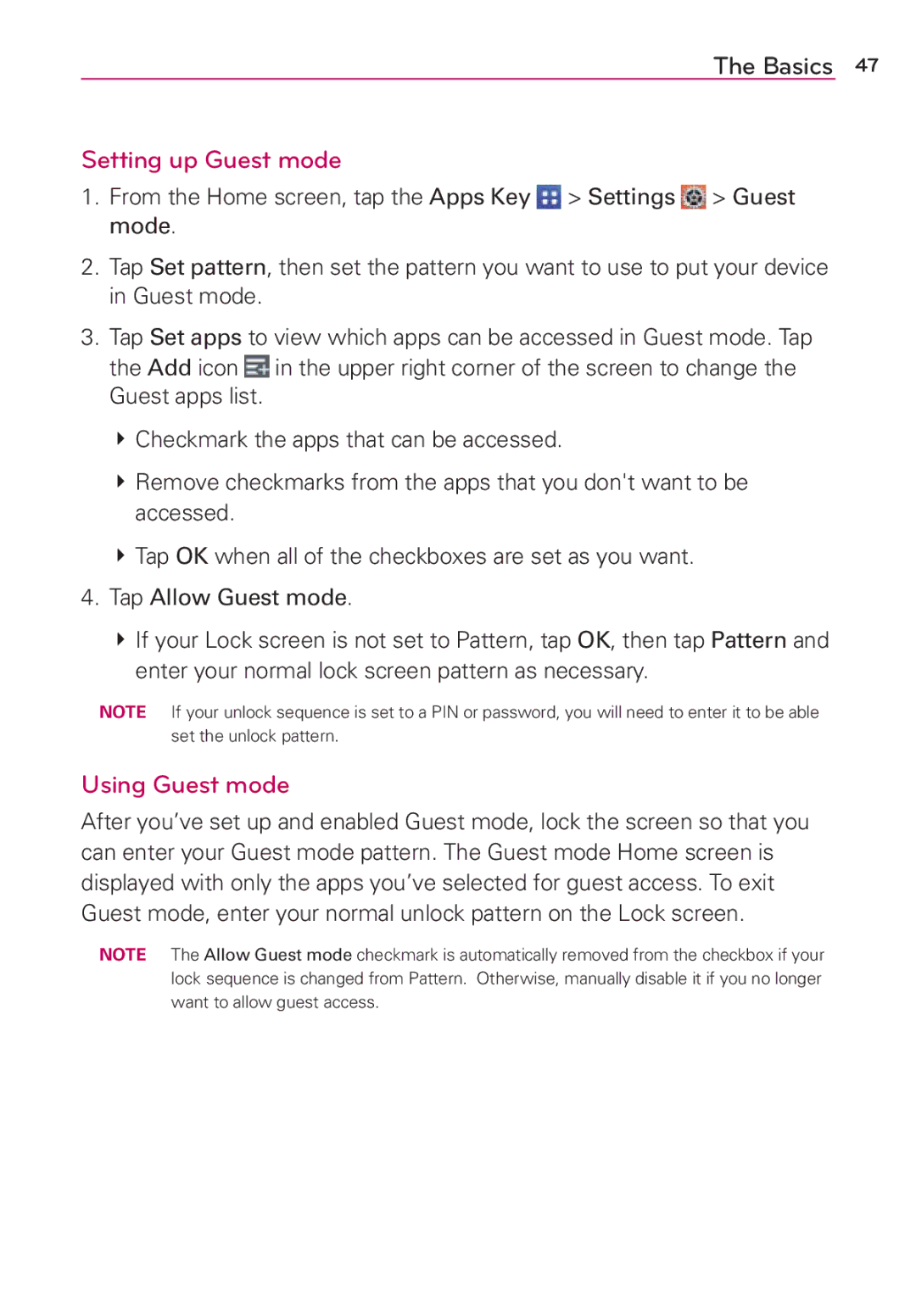 Verizon G2 manual Setting up Guest mode, Using Guest mode 