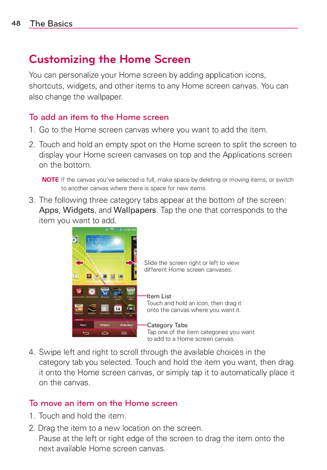 Verizon G2 manual Customizing the Home Screen, To add an item to the Home screen, To move an item on the Home screen 