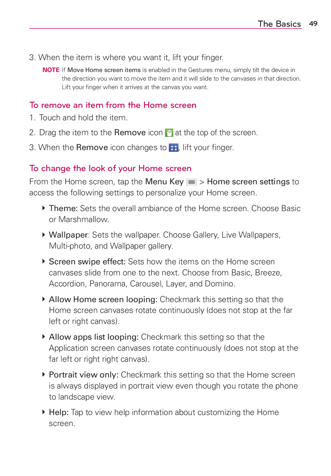 Verizon G2 manual To remove an item from the Home screen, To change the look of your Home screen 