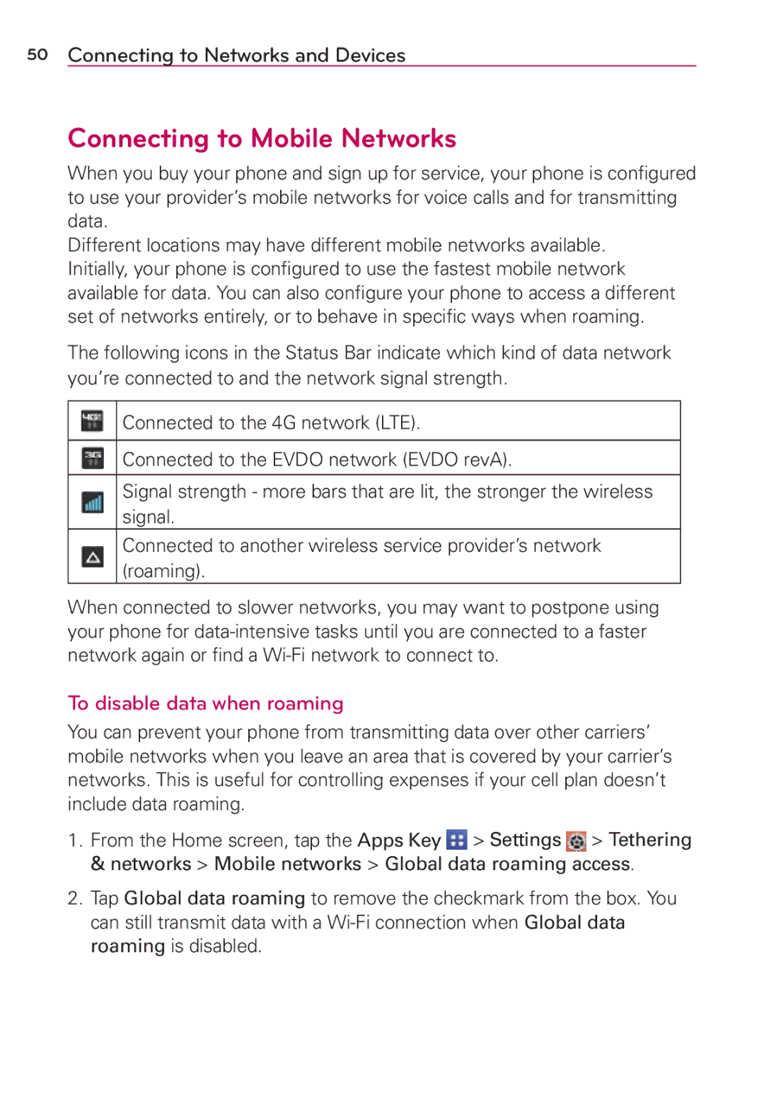 Verizon G2 manual Connecting to Mobile Networks, To disable data when roaming 