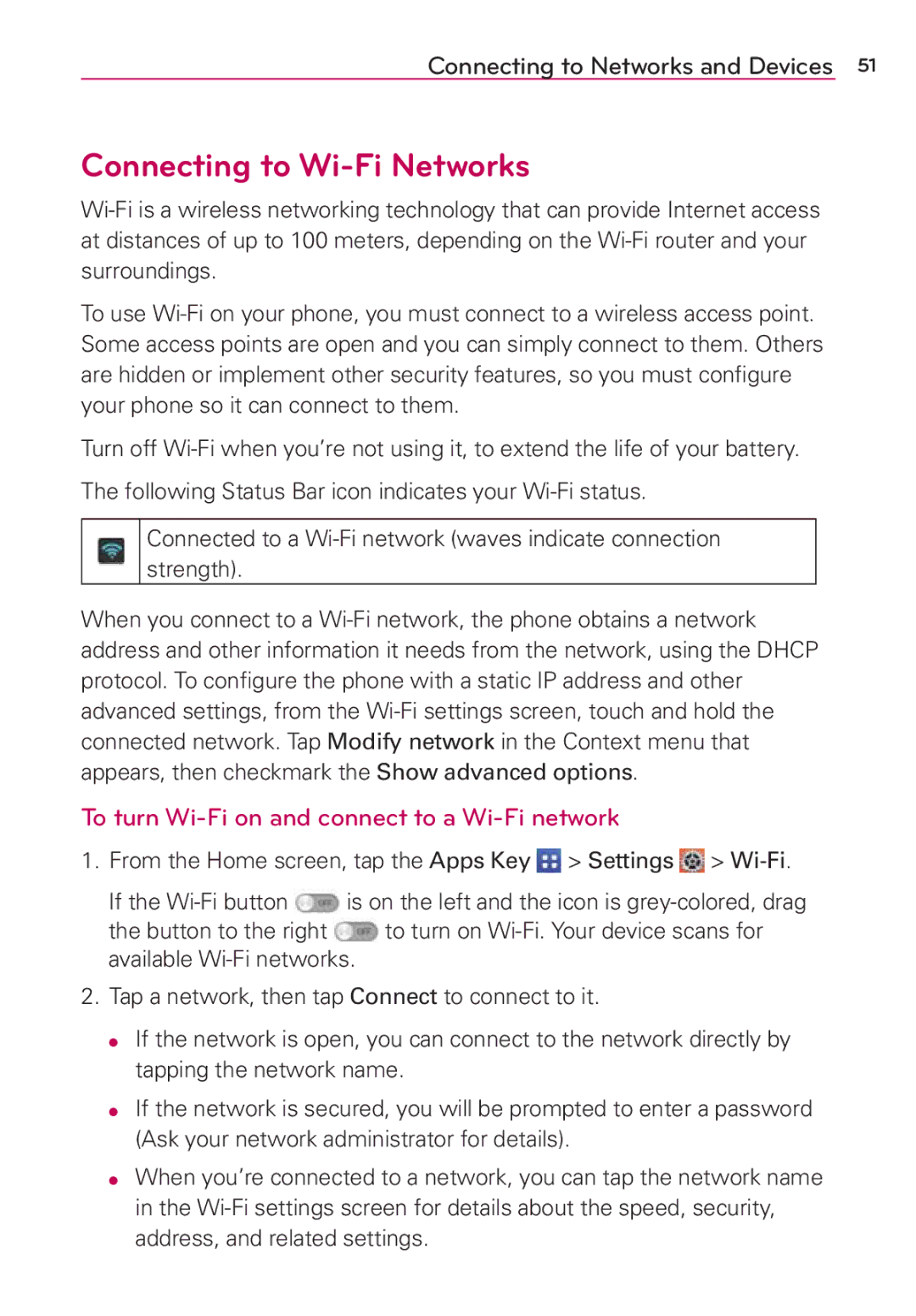 Verizon G2 manual Connecting to Wi-Fi Networks, To turn Wi-Fi on and connect to a Wi-Fi network 