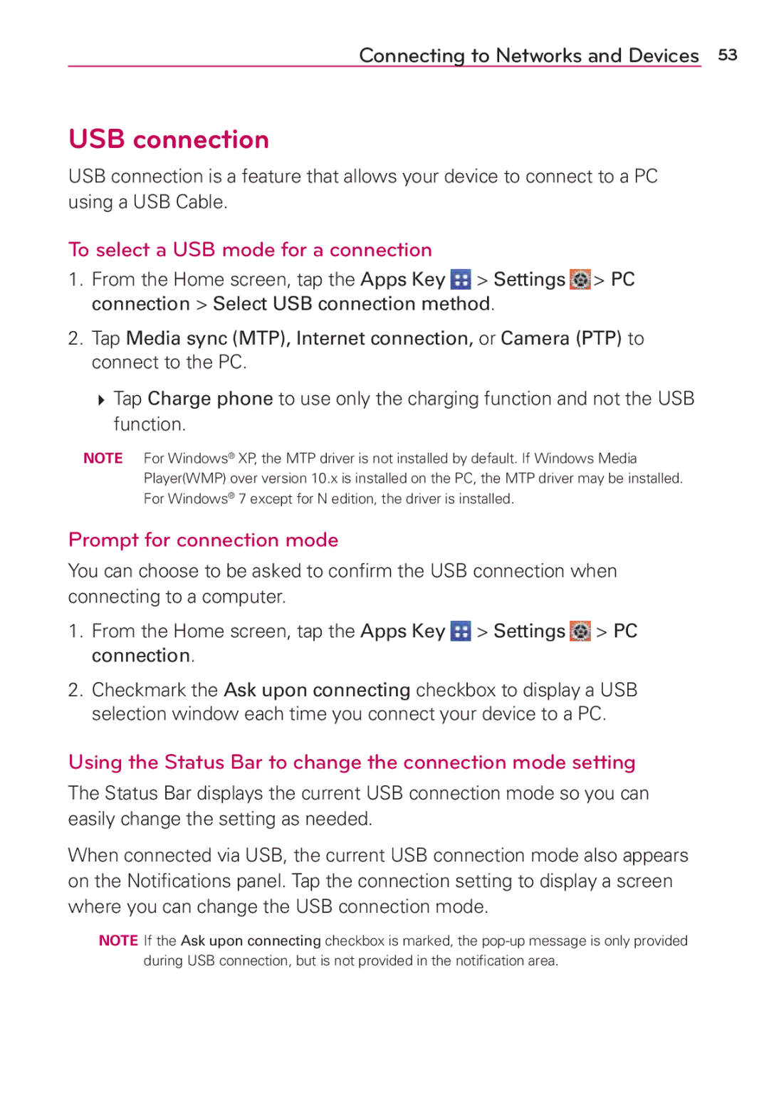 Verizon G2 manual USB connection, To select a USB mode for a connection, Prompt for connection mode 