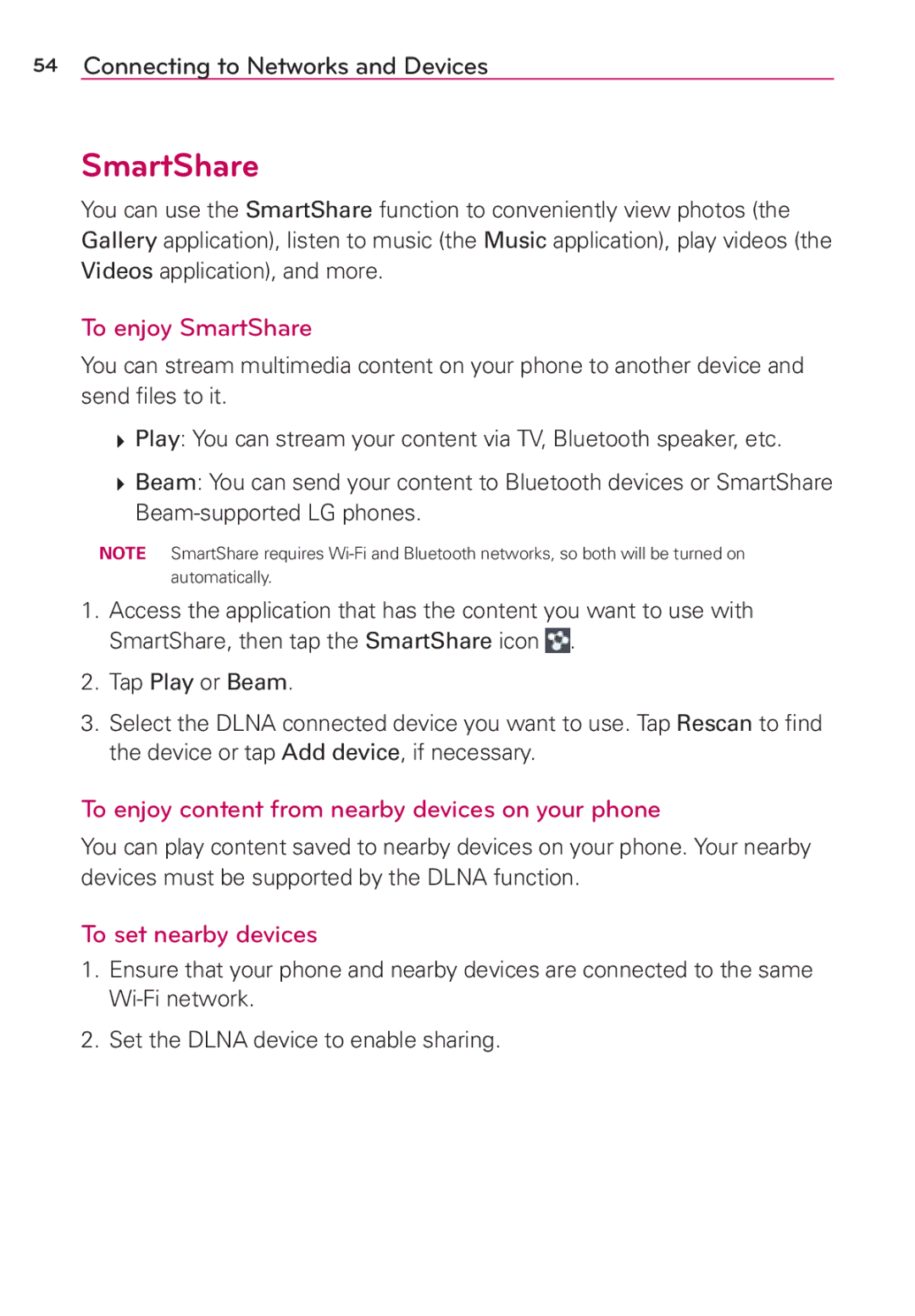 Verizon G2 manual To enjoy SmartShare, To enjoy content from nearby devices on your phone, To set nearby devices 