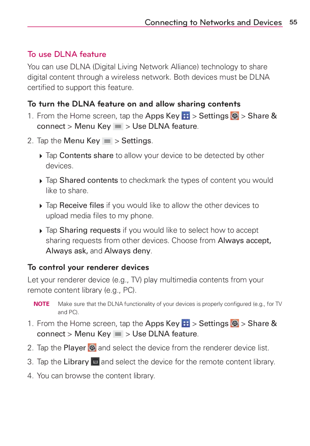 Verizon G2 manual To turn the Dlna feature on and allow sharing contents, To control your renderer devices 