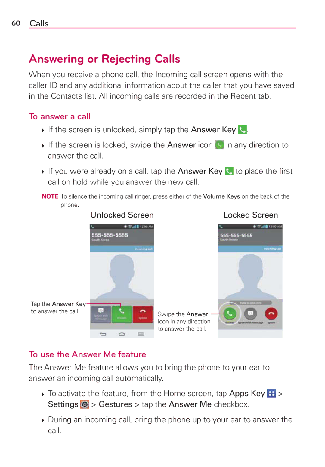 Verizon G2 manual Answering or Rejecting Calls, To answer a call, To use the Answer Me feature 