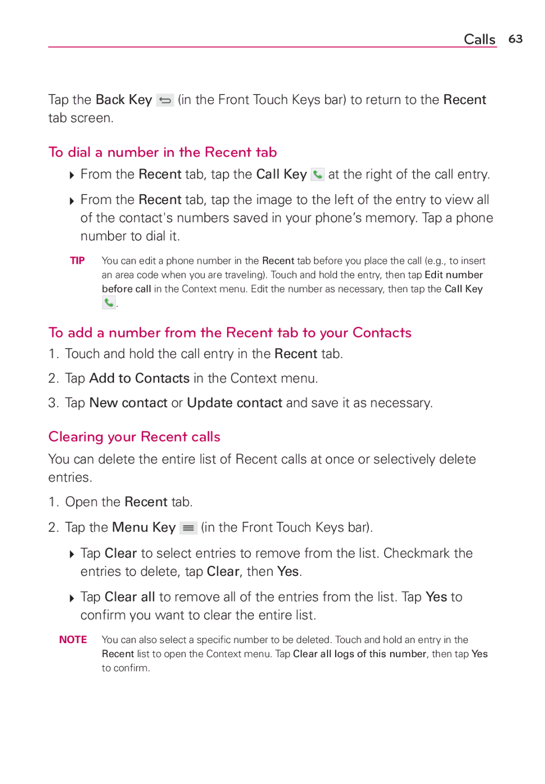 Verizon G2 manual To dial a number in the Recent tab, To add a number from the Recent tab to your Contacts 