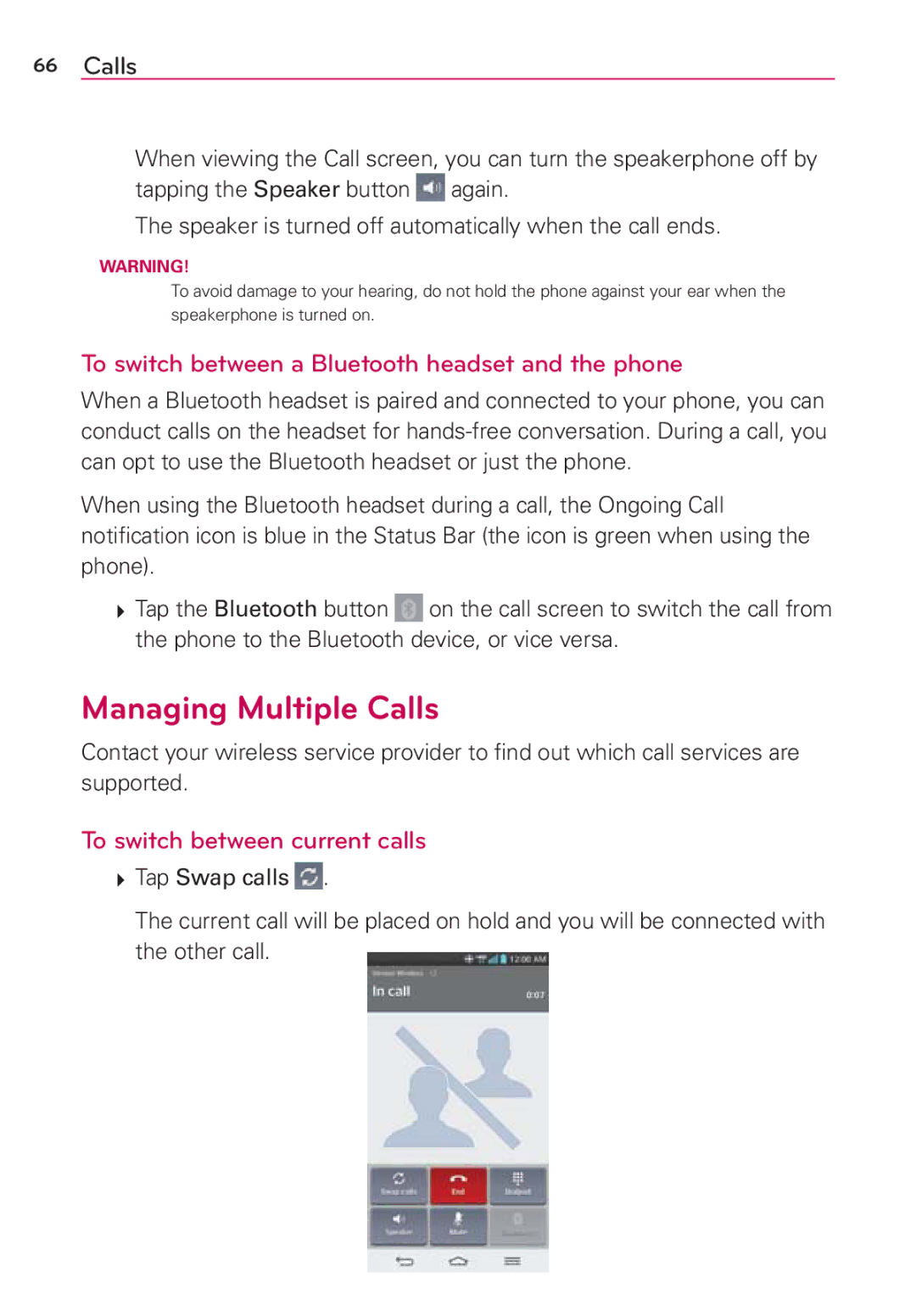 Verizon G2 Managing Multiple Calls, To switch between a Bluetooth headset and the phone, To switch between current calls 