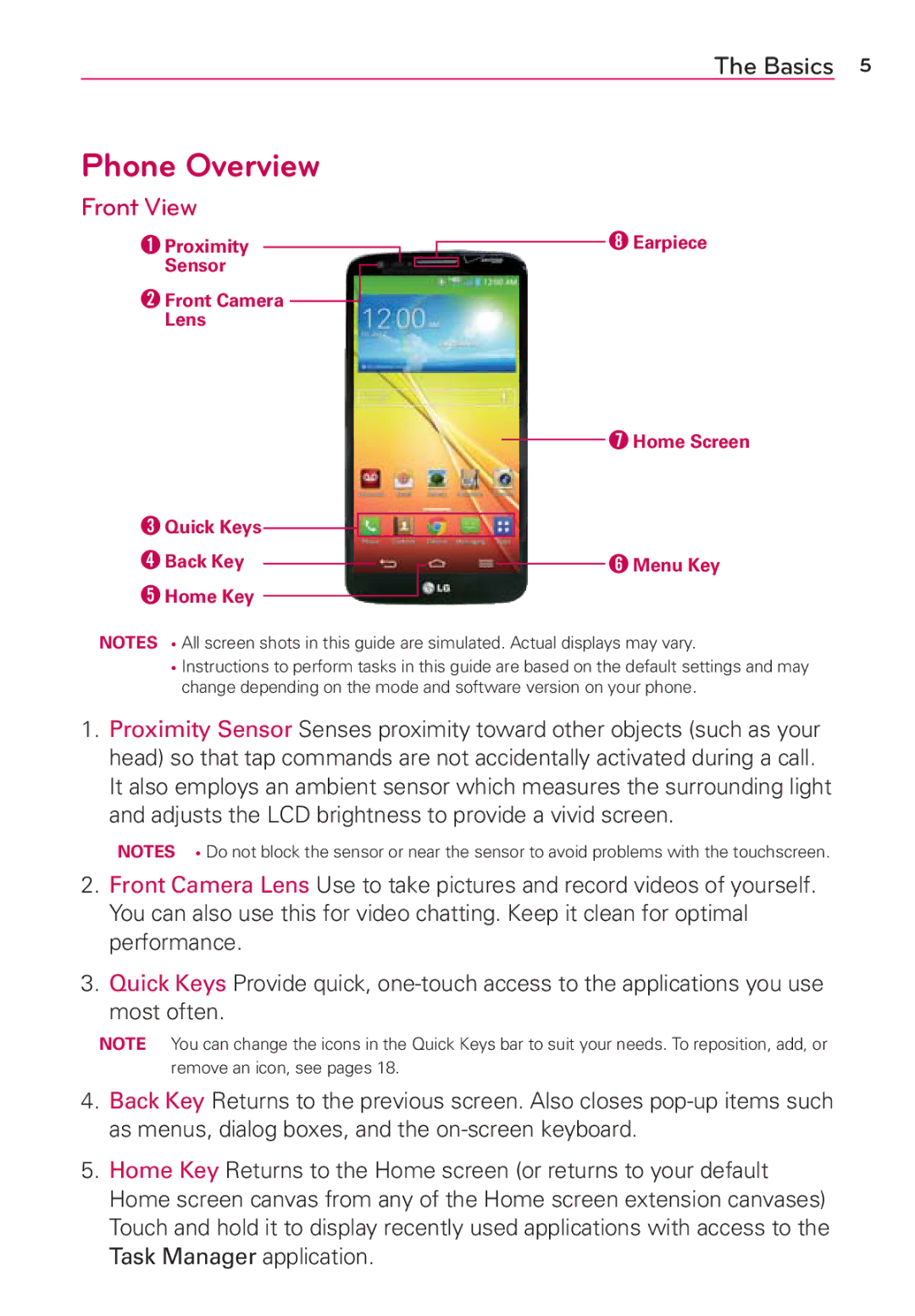 Verizon G2 manual Phone Overview, Front View 