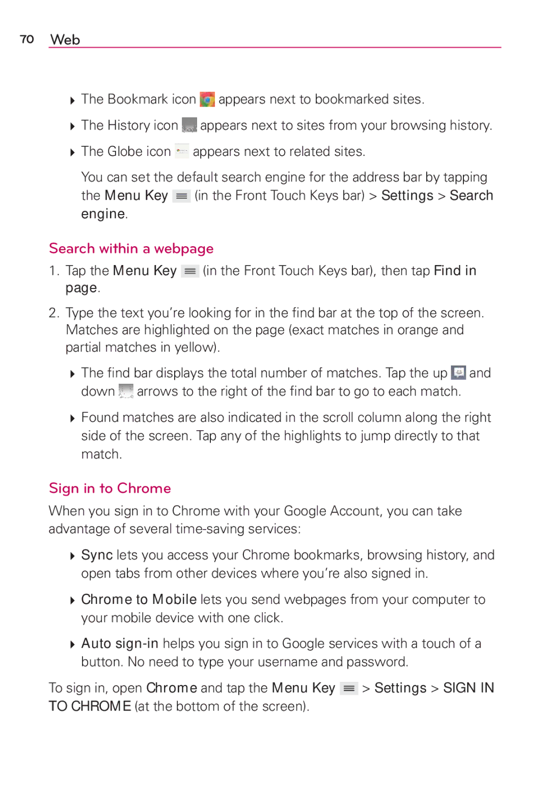 Verizon G2 manual Search within a webpage, Sign in to Chrome 