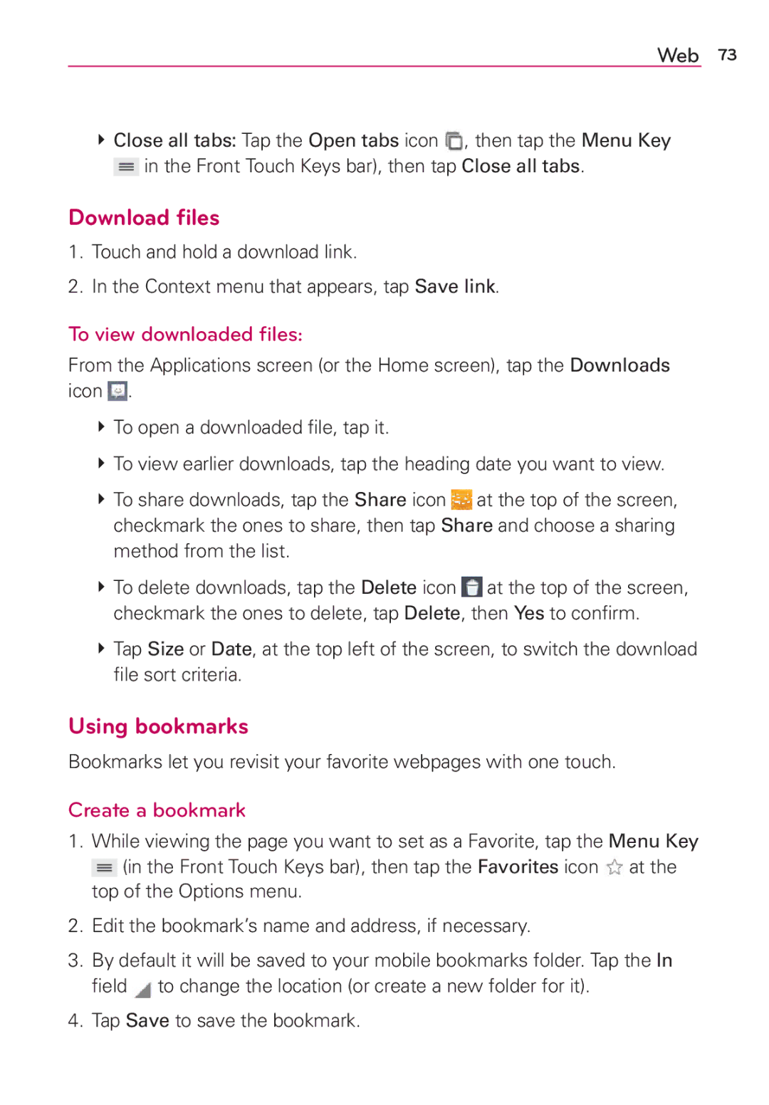 Verizon G2 manual Download ﬁles, Using bookmarks, To view downloaded ﬁles, Create a bookmark, Tap Save to save the bookmark 