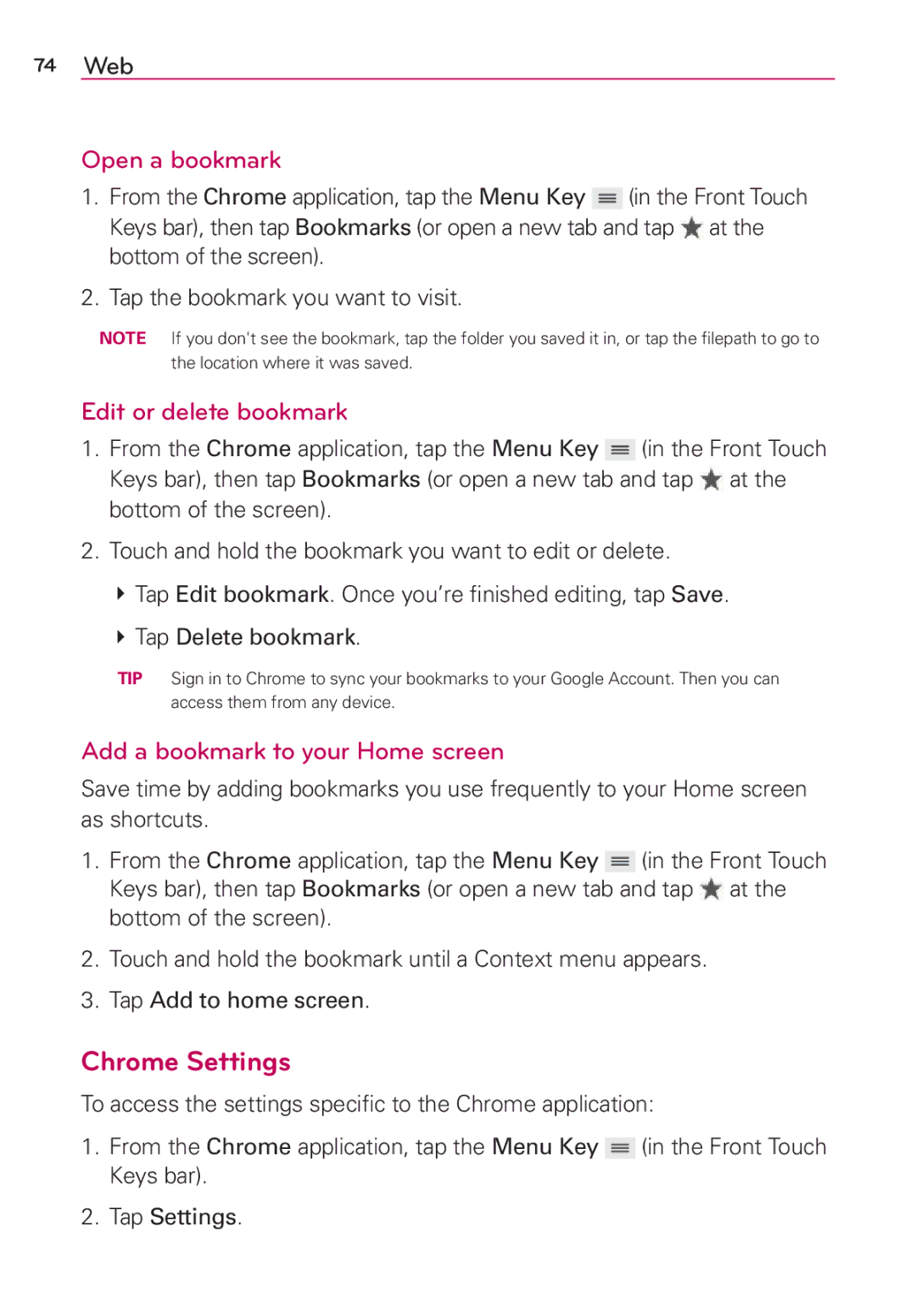 Verizon G2 manual Chrome Settings, Open a bookmark, Edit or delete bookmark, Add a bookmark to your Home screen 