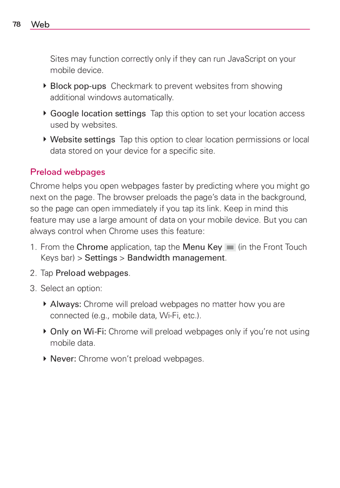 Verizon G2 manual 78 Web, Preload webpages 