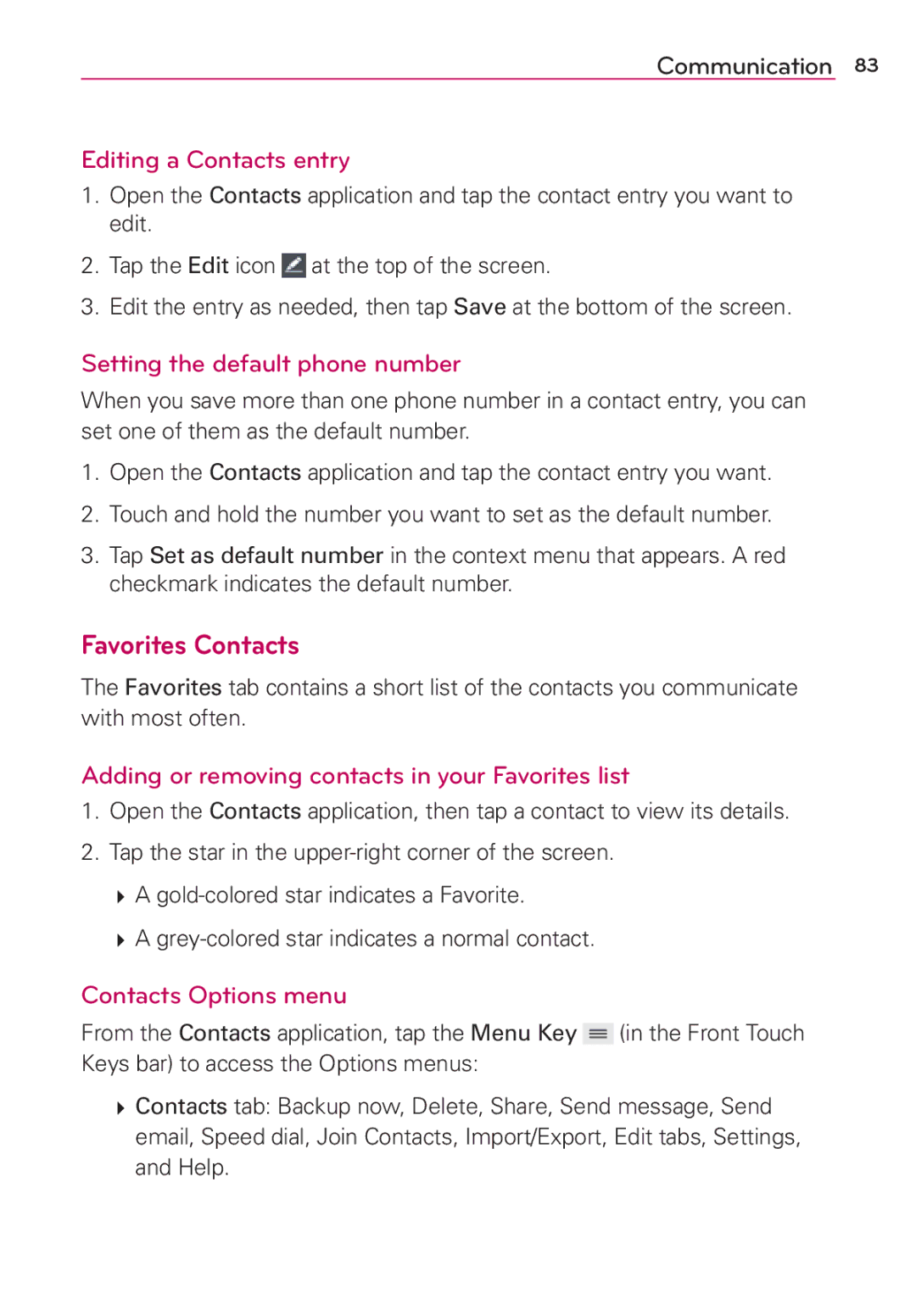 Verizon G2 manual Favorites Contacts, Editing a Contacts entry, Setting the default phone number, Contacts Options menu 