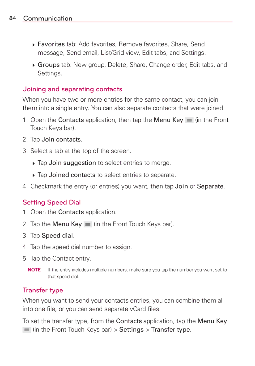 Verizon G2 manual Joining and separating contacts, Setting Speed Dial, Transfer type 