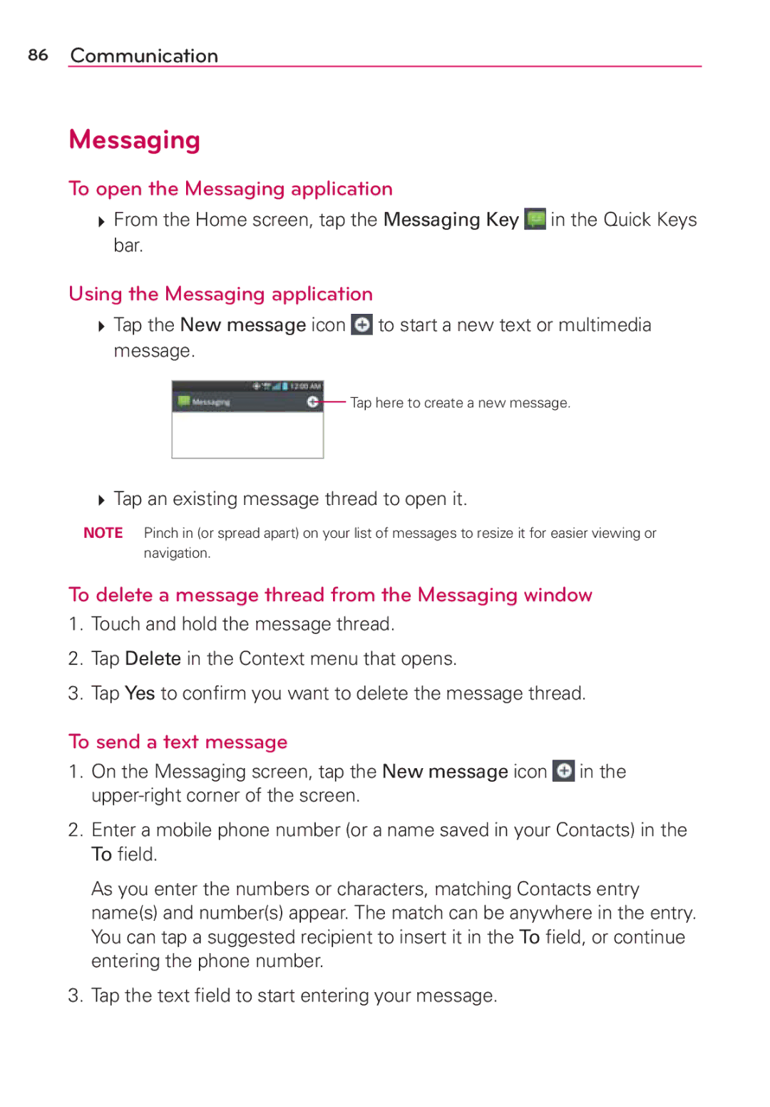 Verizon G2 manual To open the Messaging application, Using the Messaging application, To send a text message 