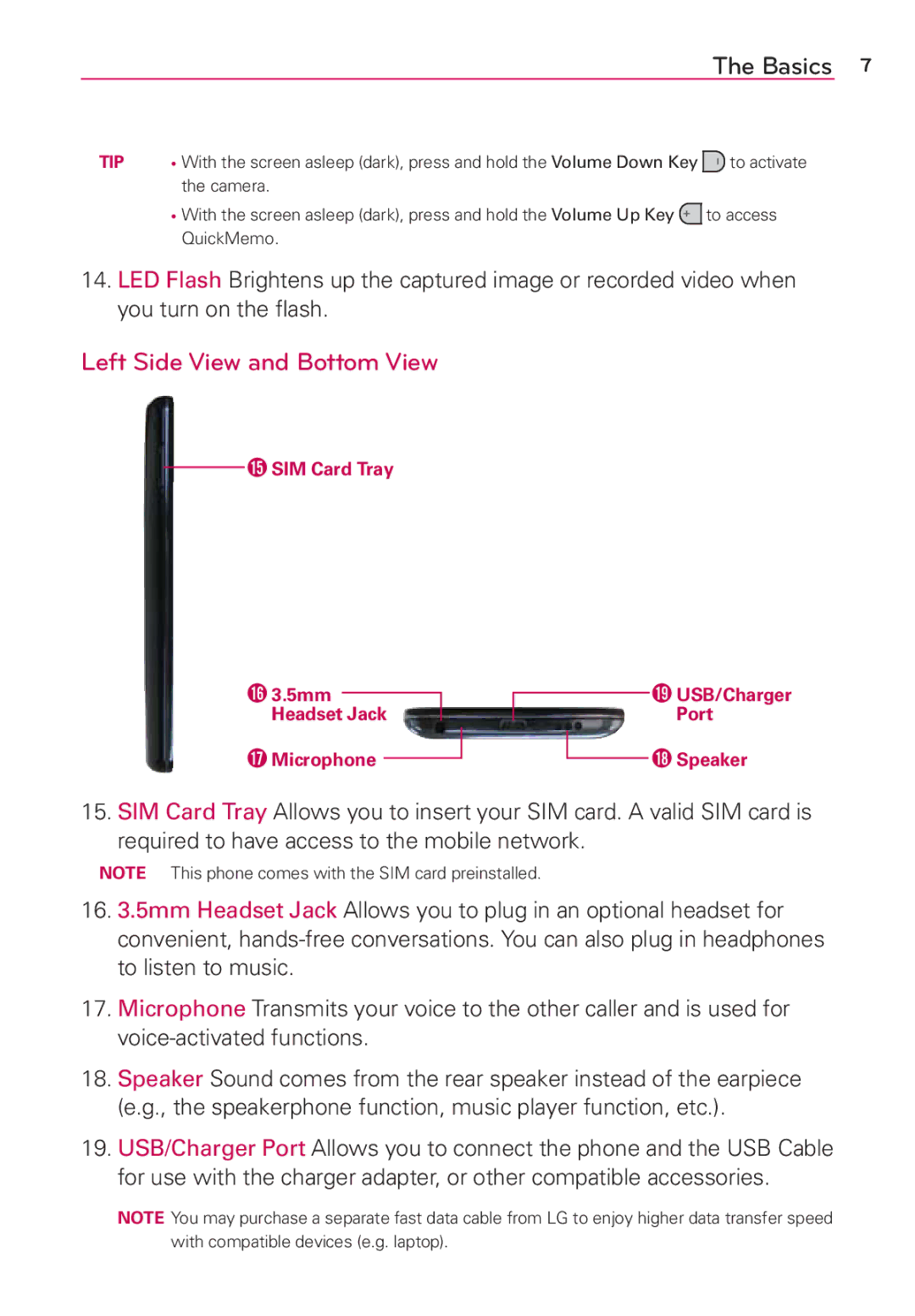 Verizon G2 manual Left Side View and Bottom View, Tip 