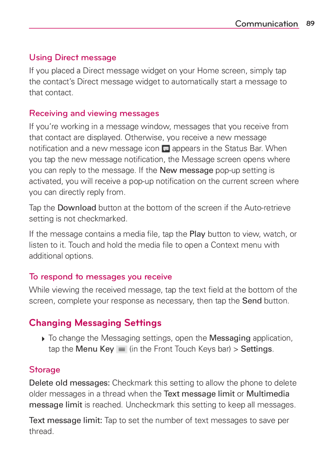 Verizon G2 manual Changing Messaging Settings, Using Direct message, Receiving and viewing messages, Storage 