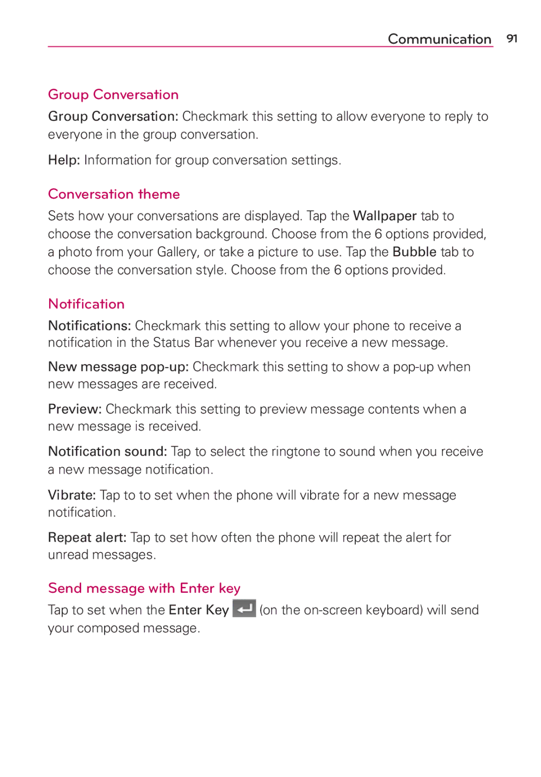 Verizon G2 manual Group Conversation, Conversation theme, Notiﬁcation, Send message with Enter key 