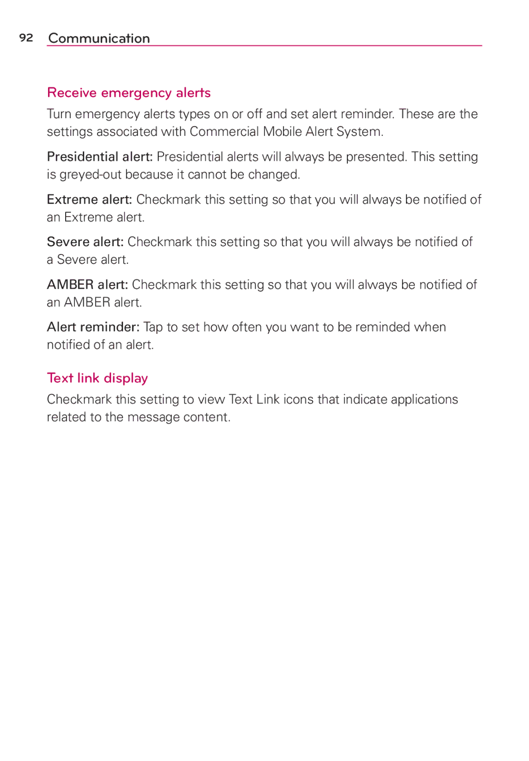 Verizon G2 manual Receive emergency alerts, Text link display 