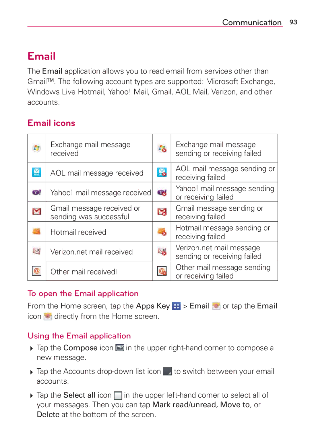 Verizon G2 manual Email icons, To open the Email application, Using the Email application 