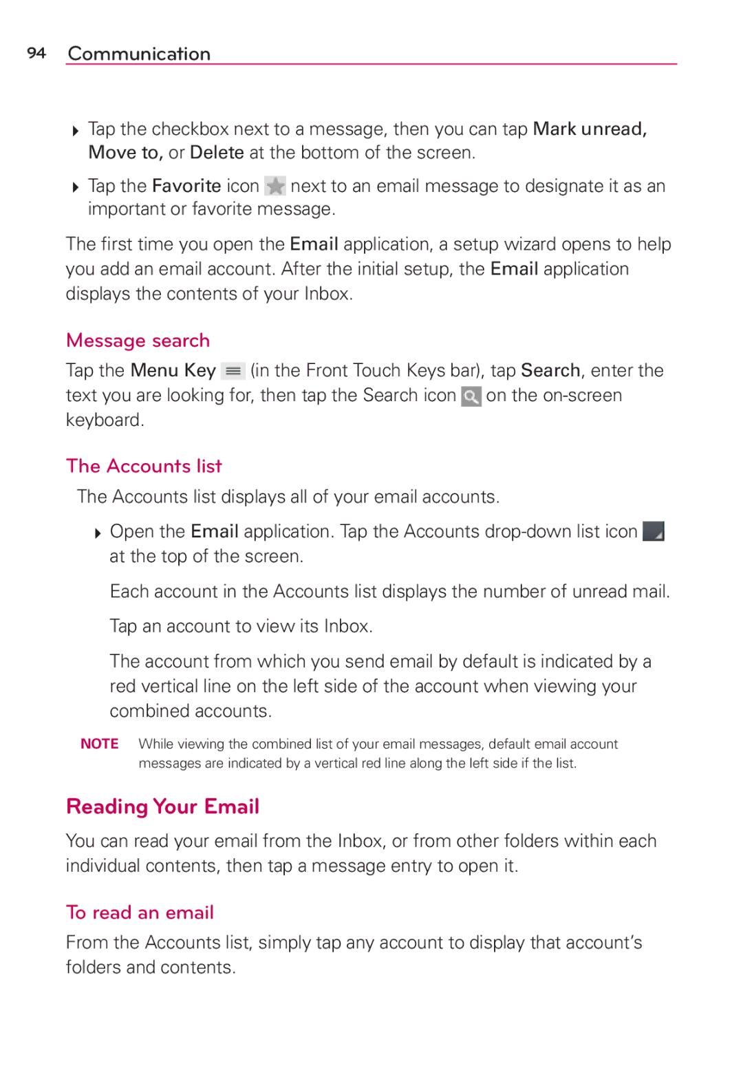 Verizon G2 manual Reading Your Email, Message search, Accounts list, To read an email 
