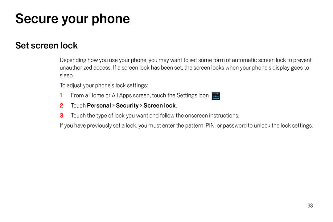 Verizon Galaxy Nexus manual Secure your phone, Set screen lock 