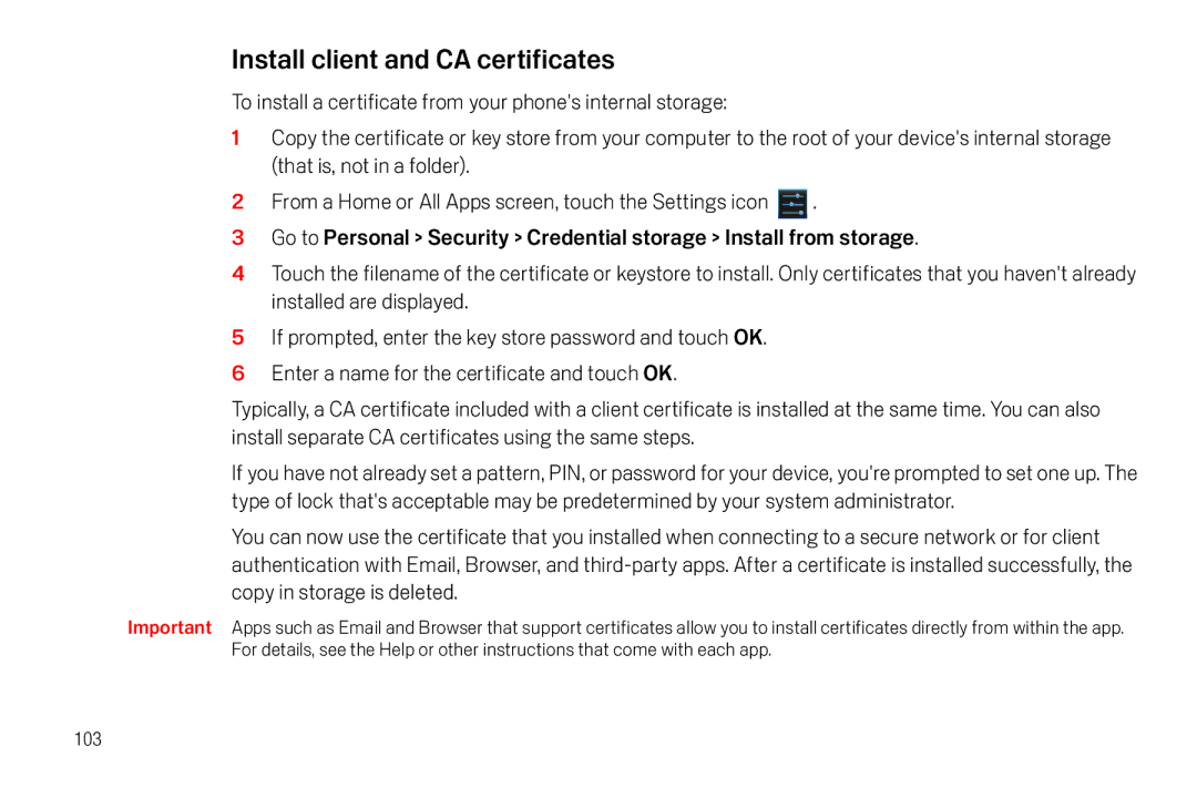 Verizon Galaxy Nexus manual Install client and CA certificates 