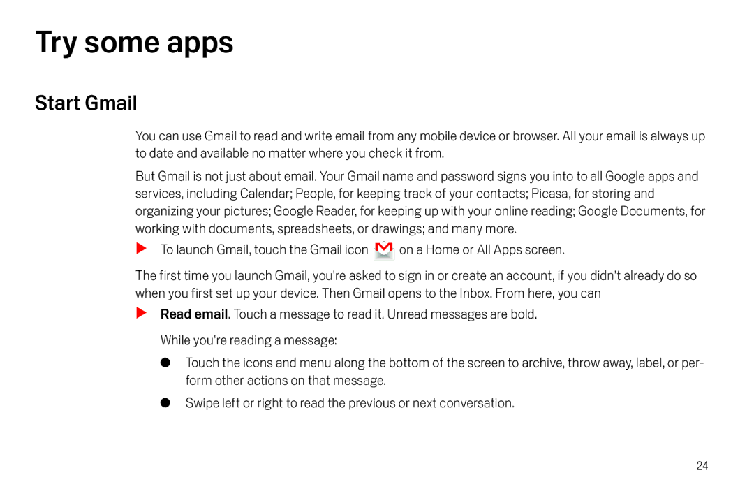 Verizon Galaxy Nexus manual Try some apps, Start Gmail 