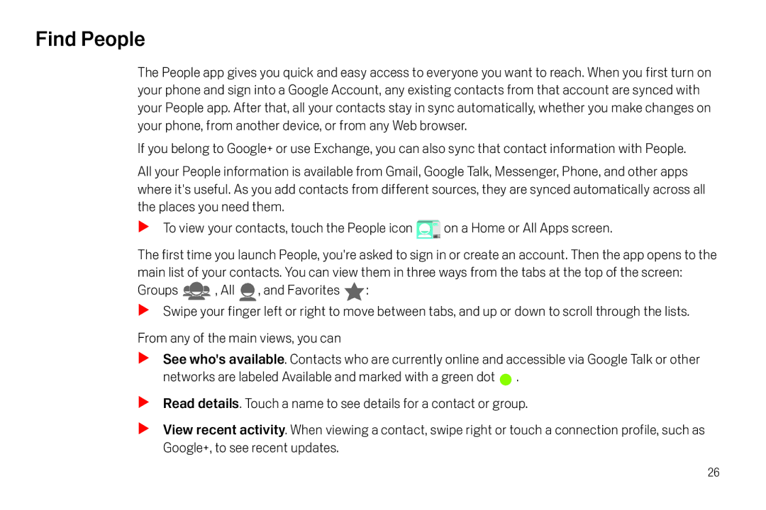 Verizon Galaxy Nexus manual Find People, Groups , All , and Favorites 