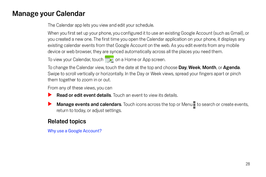 Verizon Galaxy Nexus manual Manage your Calendar, Calendar app lets you view and edit your schedule 