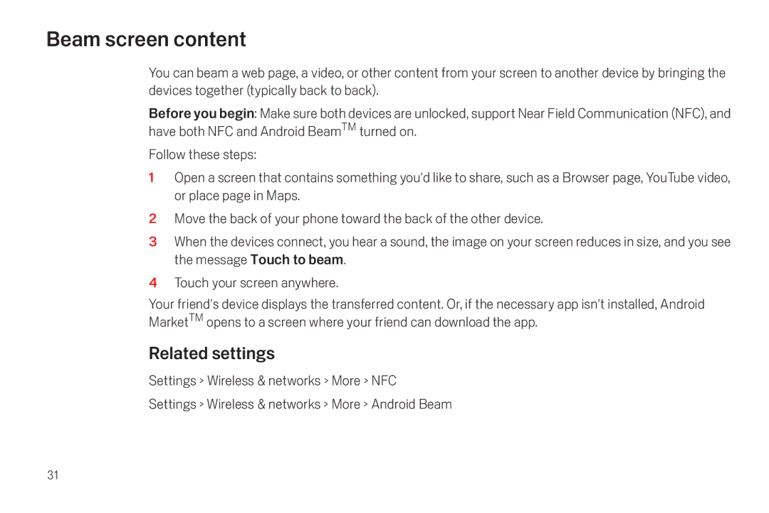 Verizon Galaxy Nexus manual Beam screen content, Related settings 