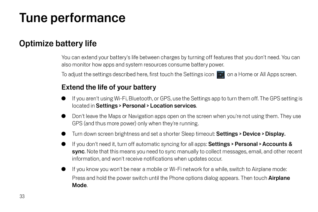 Verizon Galaxy Nexus manual Tune performance, Optimize battery life, Extend the life of your battery 