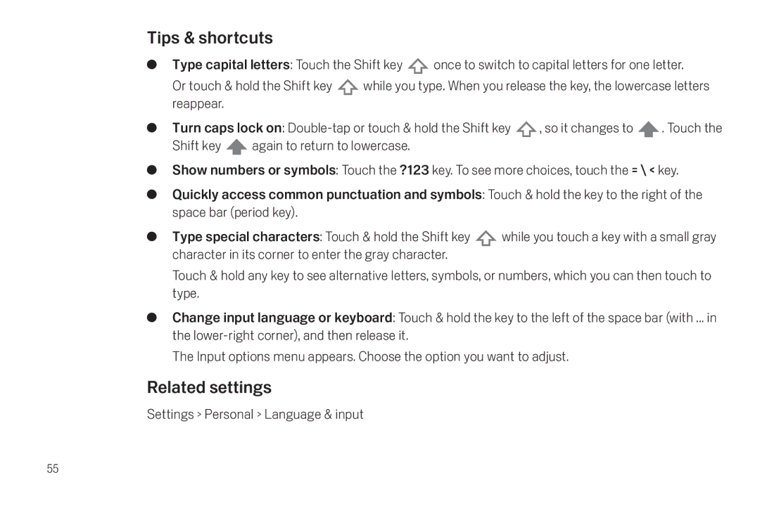 Verizon Galaxy Nexus manual Tips & shortcuts, Related settings 