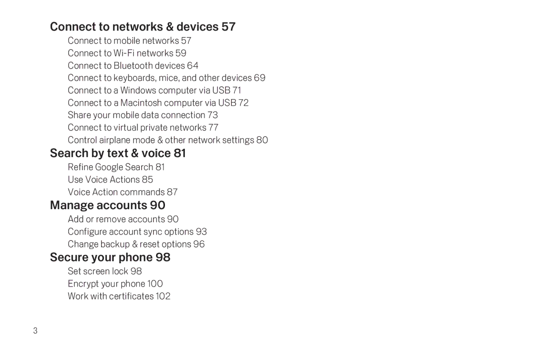 Verizon Galaxy Nexus manual Connect to networks & devices, Search by text & voice, Manage accounts, Secure your phone 