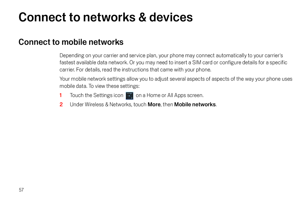 Verizon Galaxy Nexus manual Connect to networks & devices, Connect to mobile networks 