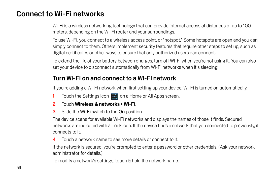 Verizon Galaxy Nexus manual Connect to Wi-Fi networks, Turn Wi-Fi on and connect to a Wi-Fi network 