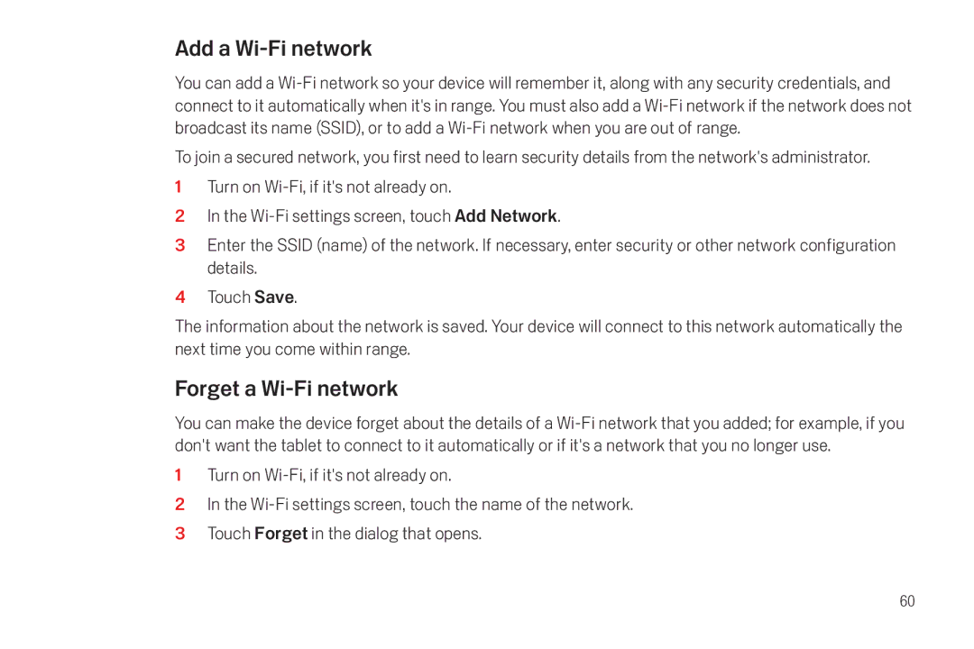 Verizon Galaxy Nexus manual Add a Wi-Fi network, Forget a Wi-Fi network 