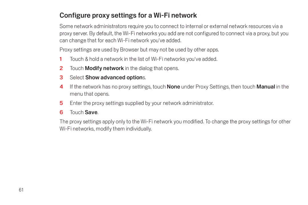 Verizon Galaxy Nexus manual Configure proxy settings for a Wi-Fi network 