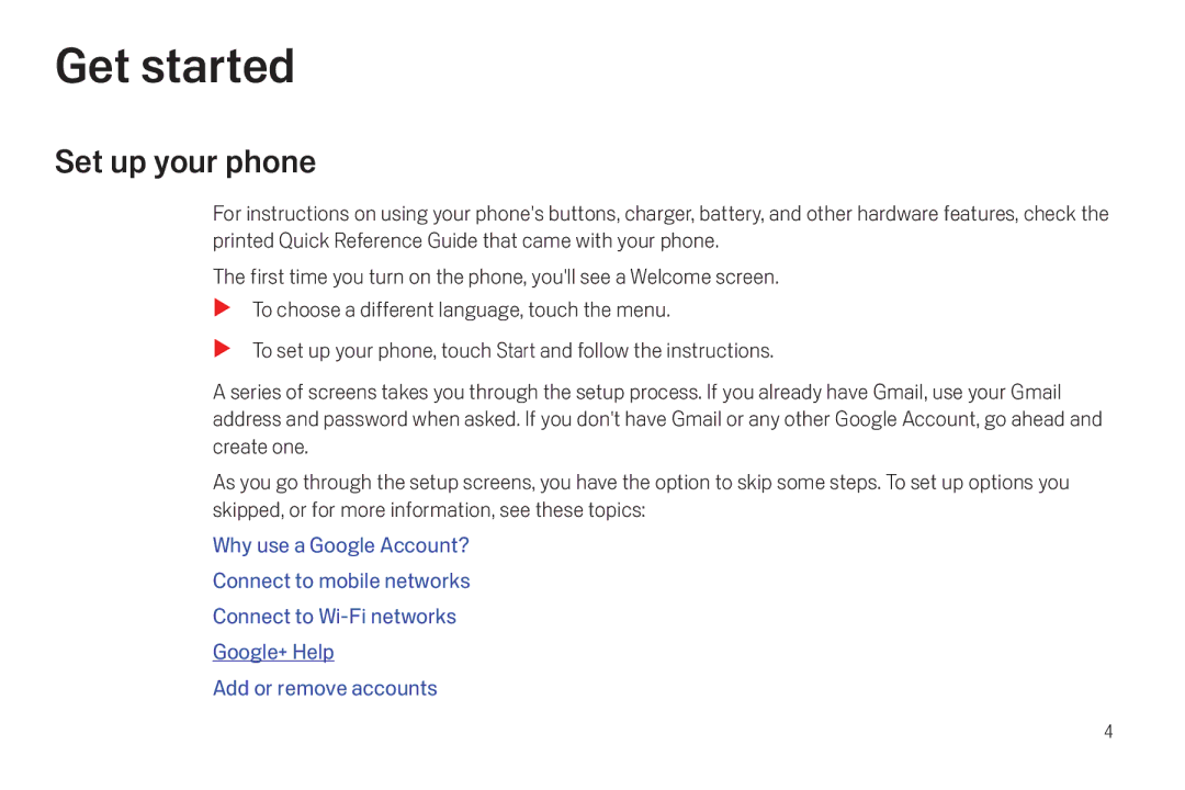 Verizon Galaxy Nexus manual Get started, Set up your phone 