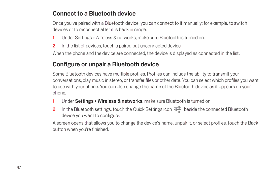 Verizon Galaxy Nexus manual Connect to a Bluetooth device, Configure or unpair a Bluetooth device 